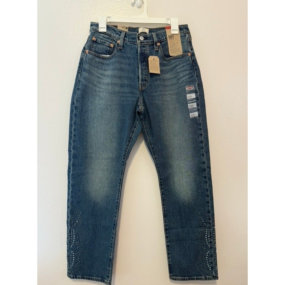 Levis 501 Curve Stretch High Rise Straight Leg Blue Jeans Rhinestone Hem 31x30